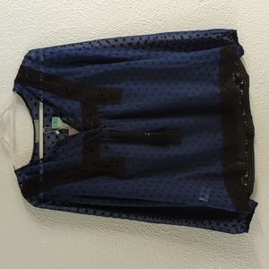 NWT Navy blue sheer crochet detail textured blouse